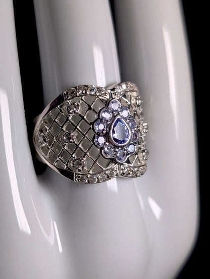 Vintage Pear Cut Genuine Tanzanite Solitaire with Basket Weave Filigree Sterling Silver Ring