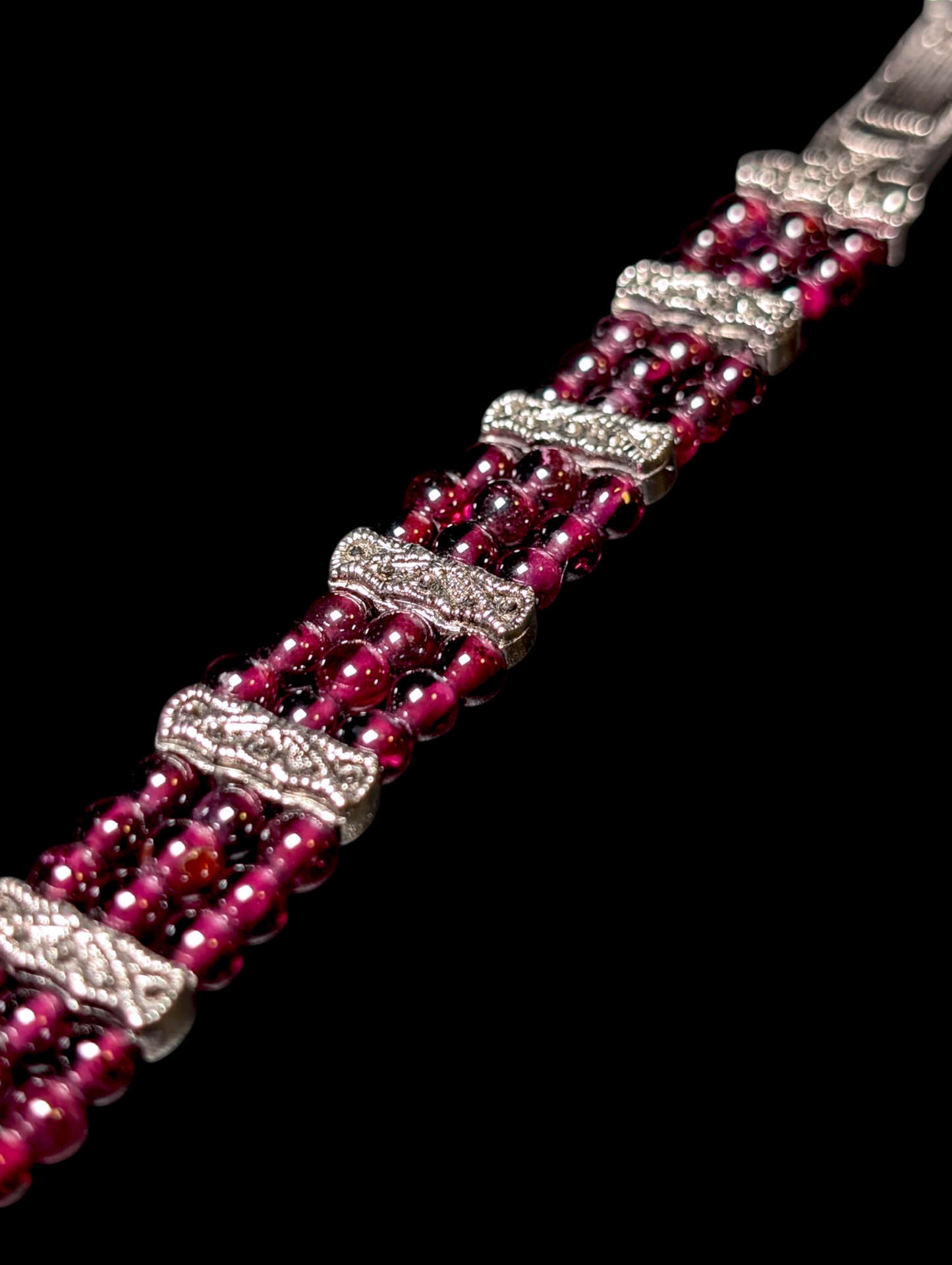 Vintage Three Strand Genuine Rhodolite Garnet Bead Silver Toned Bracelet