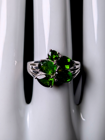 Vintage Multi-Cut Emerald Green Genuine Chrome Diopside Sterling Silver Split Shank Designer Ring