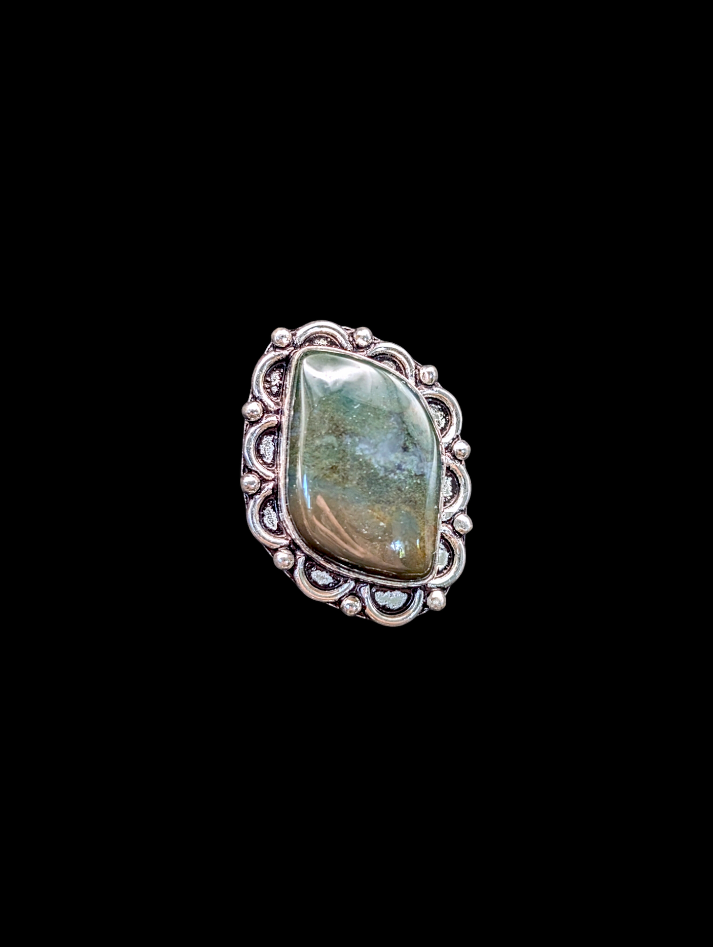 Vintage Nephrite Jade Silver Filigree  Green and Blue Rustic 925 Ring