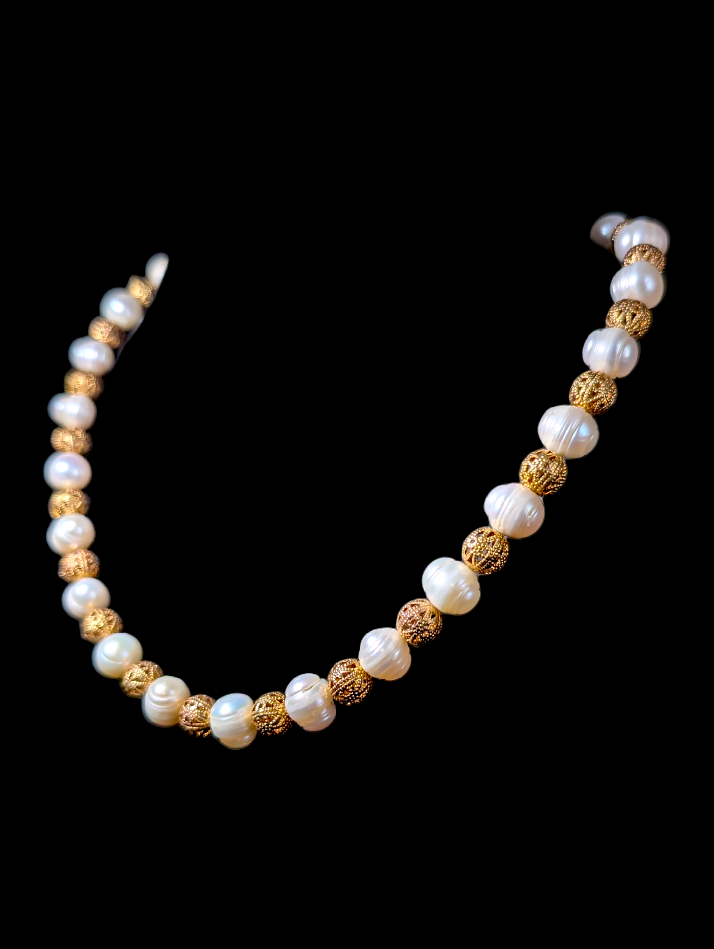 Vintage Baroque Style Genuine Pearls and Gold Toned Filigree Beads Necklace and Bracelet Set