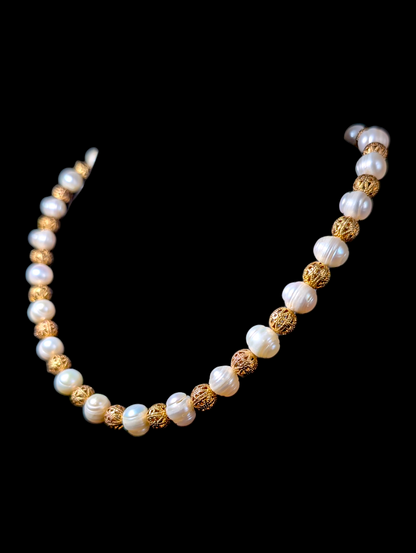 Vintage Baroque Style Genuine Pearls and Gold Toned Filigree Beads Necklace and Bracelet Set