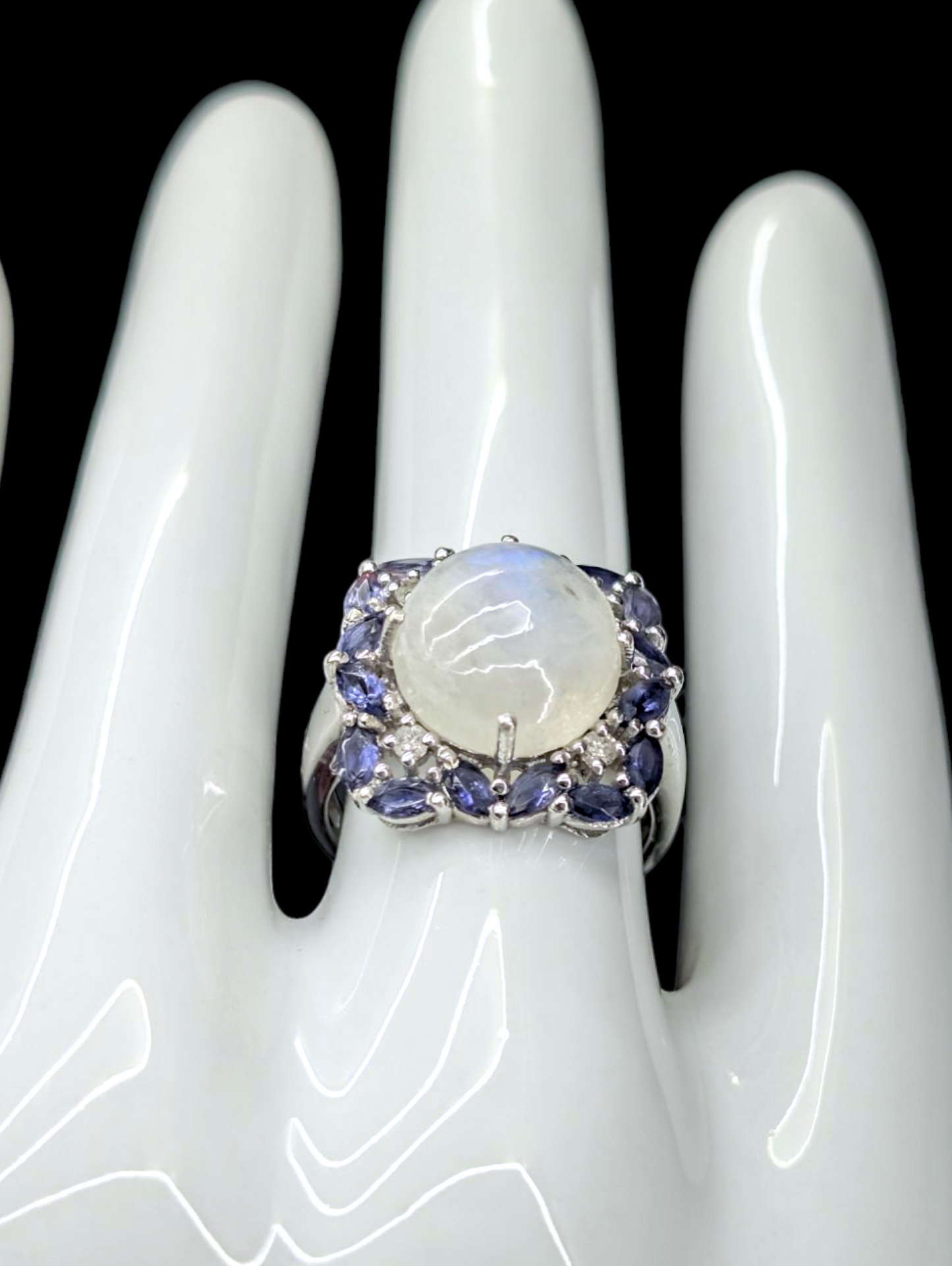 Vintage Large Genuine White Rainbow Moonstone and Tanzanite with Diamond Rhodium over Sterling Silver Ring