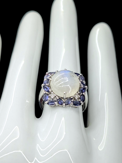 Vintage Large Genuine White Rainbow Moonstone and Tanzanite with Diamond Rhodium over Sterling Silver Ring