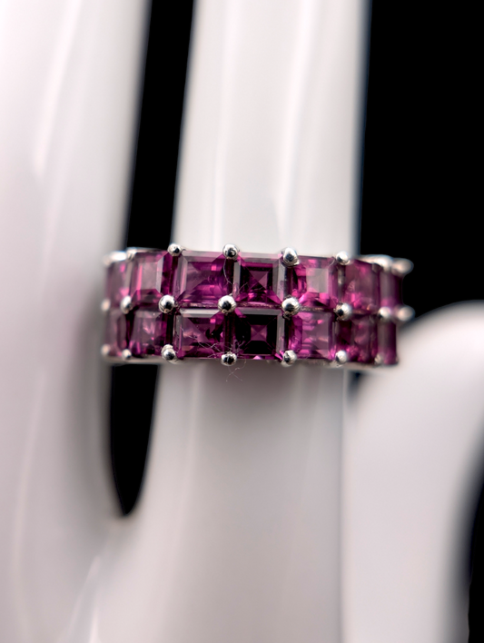 Vintage Double Row Square Cut Genuine Rhodolite Garnet Sterling Silver 925 Ring Band