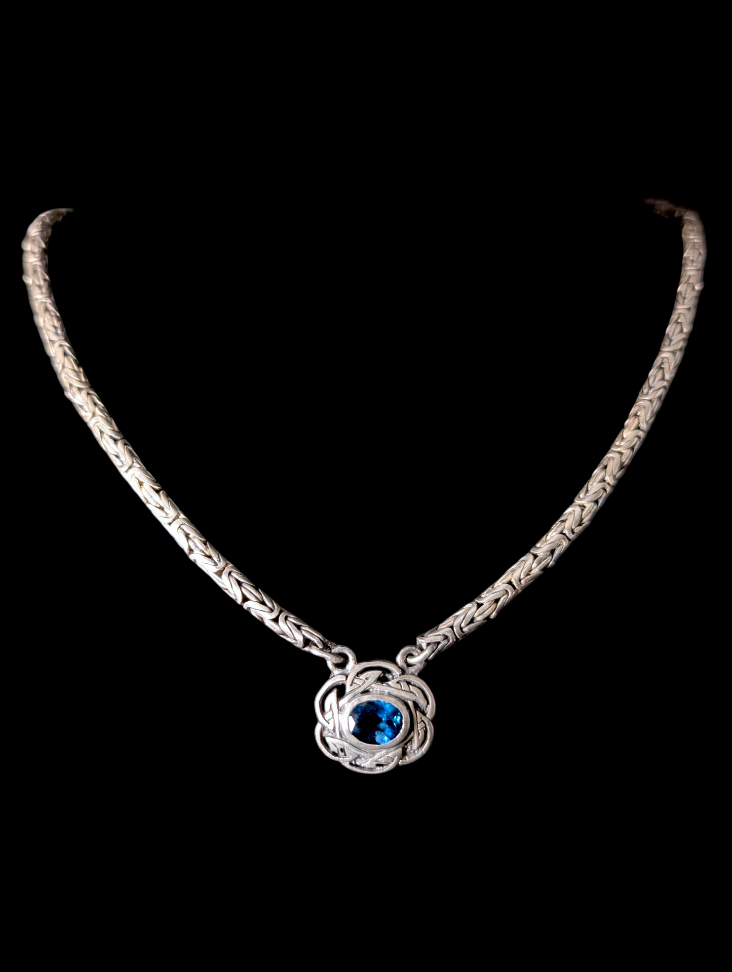 Vintage Rare 3 Piece Designer Shube Dakota West Genuine London Blue Topaz Oxidized 105g Sterling Silver Necklace, Bracelet, and Earrings Set