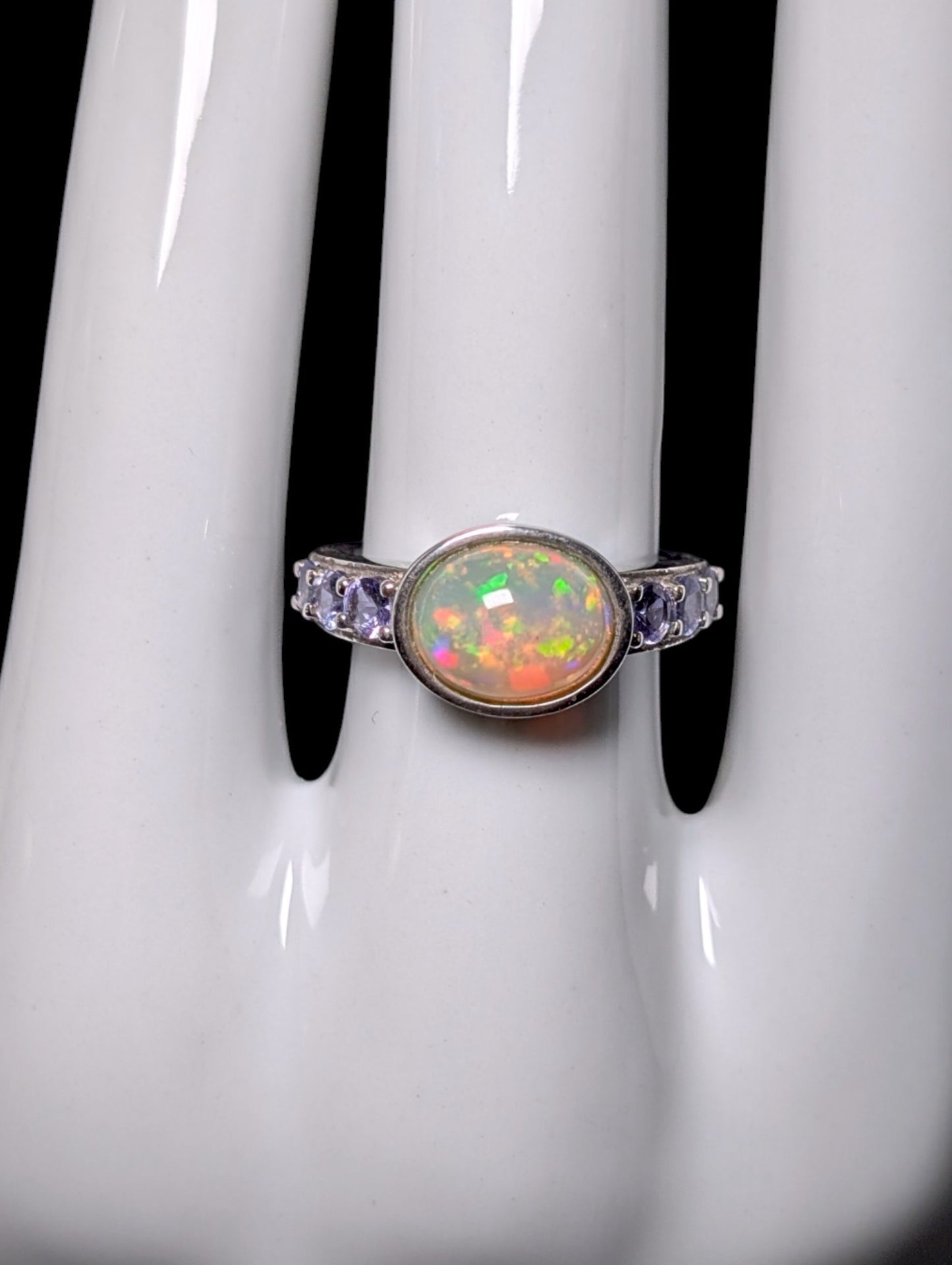 Vintage Genuine Opal Solitaire with Tanzanite Halo Sterling Ring