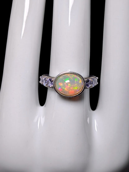 Vintage Genuine Opal Solitaire with Tanzanite Halo Sterling Ring
