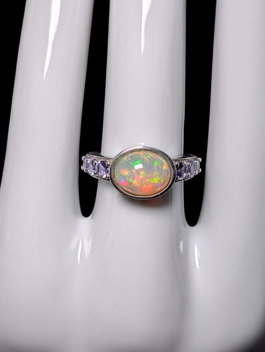 Vintage Genuine Opal Solitaire with Tanzanite Halo Sterling Ring
