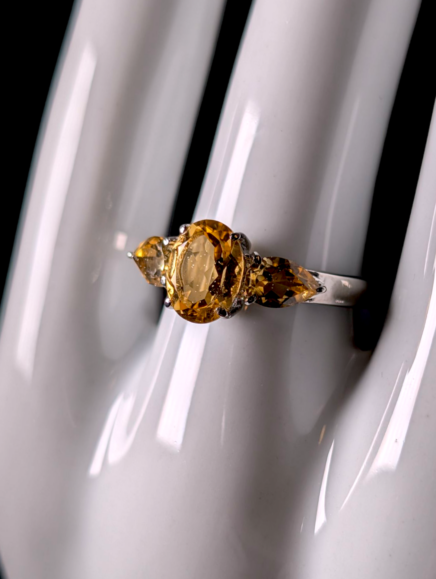 Vintage Three Stone Oval and Pear Cut Genuine Golden Citrine Stainless Steel Silver Ring