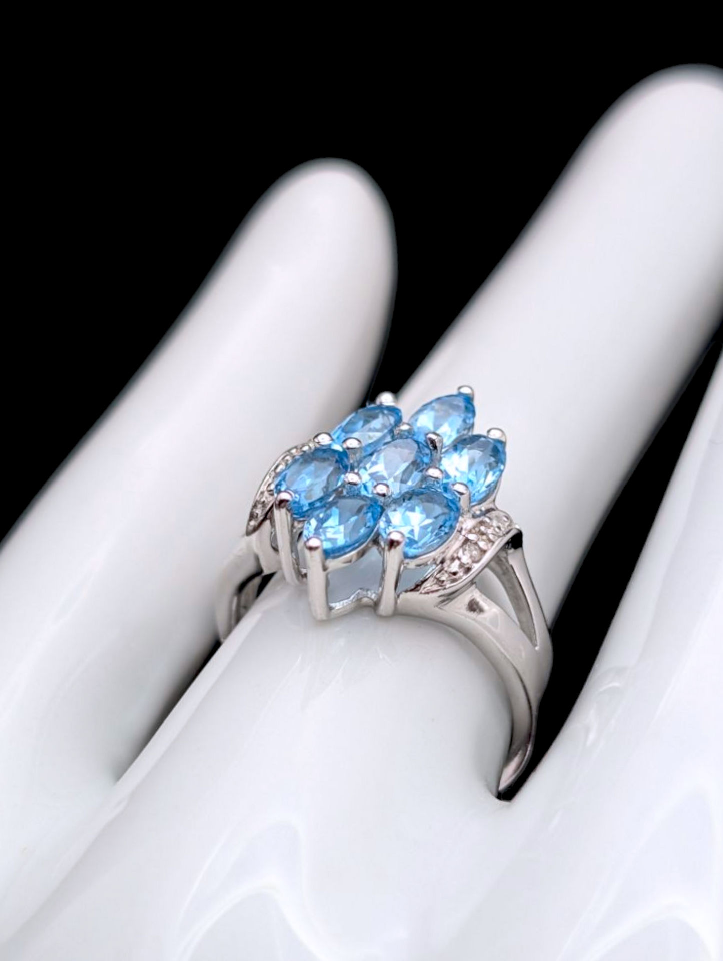 Vintage 2+ Carat Cluster Style Genuine Swiss Blue Topaz and White Diamond Accented Sterling Silver Ring
