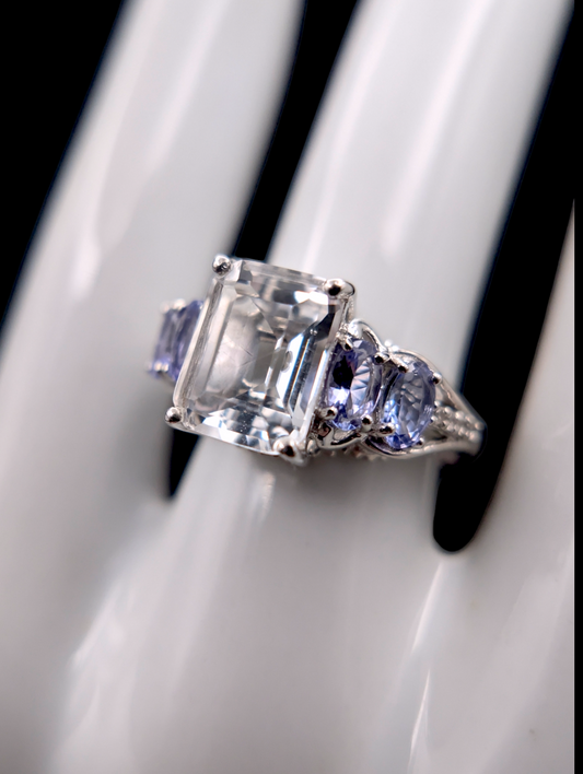 Vintage Inspired Genuine Zircon and Tanzanite Sterling Silver Ring