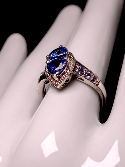 Vintage Double Trillion Cut Genuine Tanzanite with Diamond Accents Sterling Silver Ring