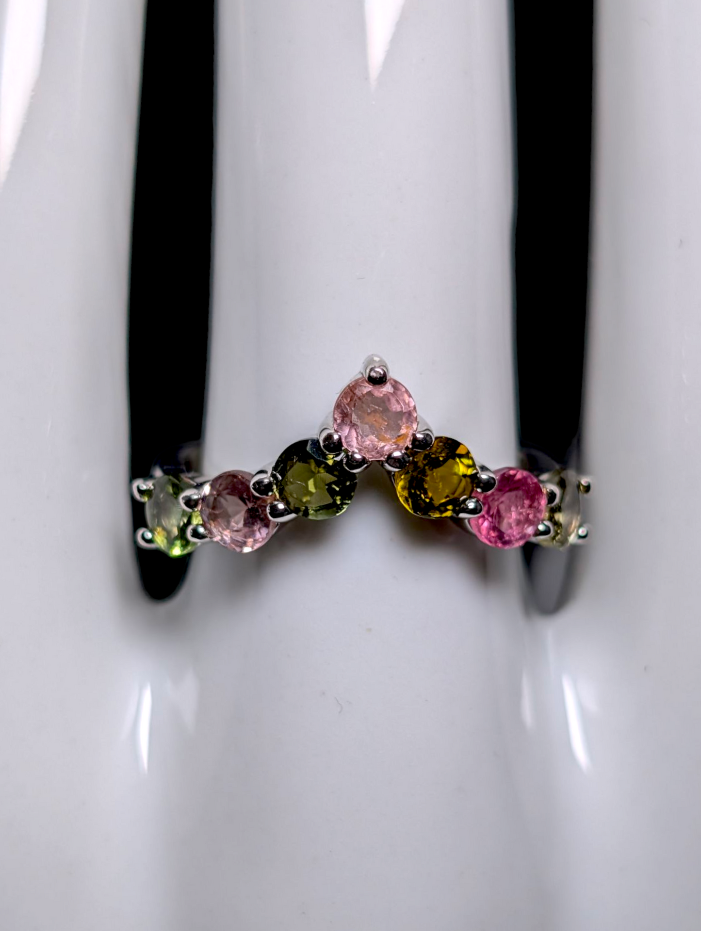 Vintage Round Cut Earth Mined Genuine Multi-Color Tourmaline Sterling Silver Chevron Stackable Ring