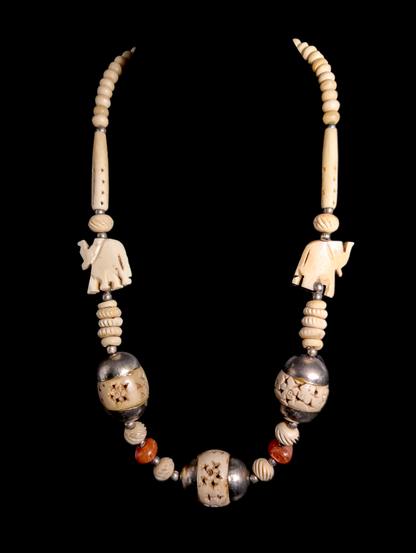 Vintage Genuine Carnelian and Carved Ivory Bone Elephant Silver Toned Tribal Necklace