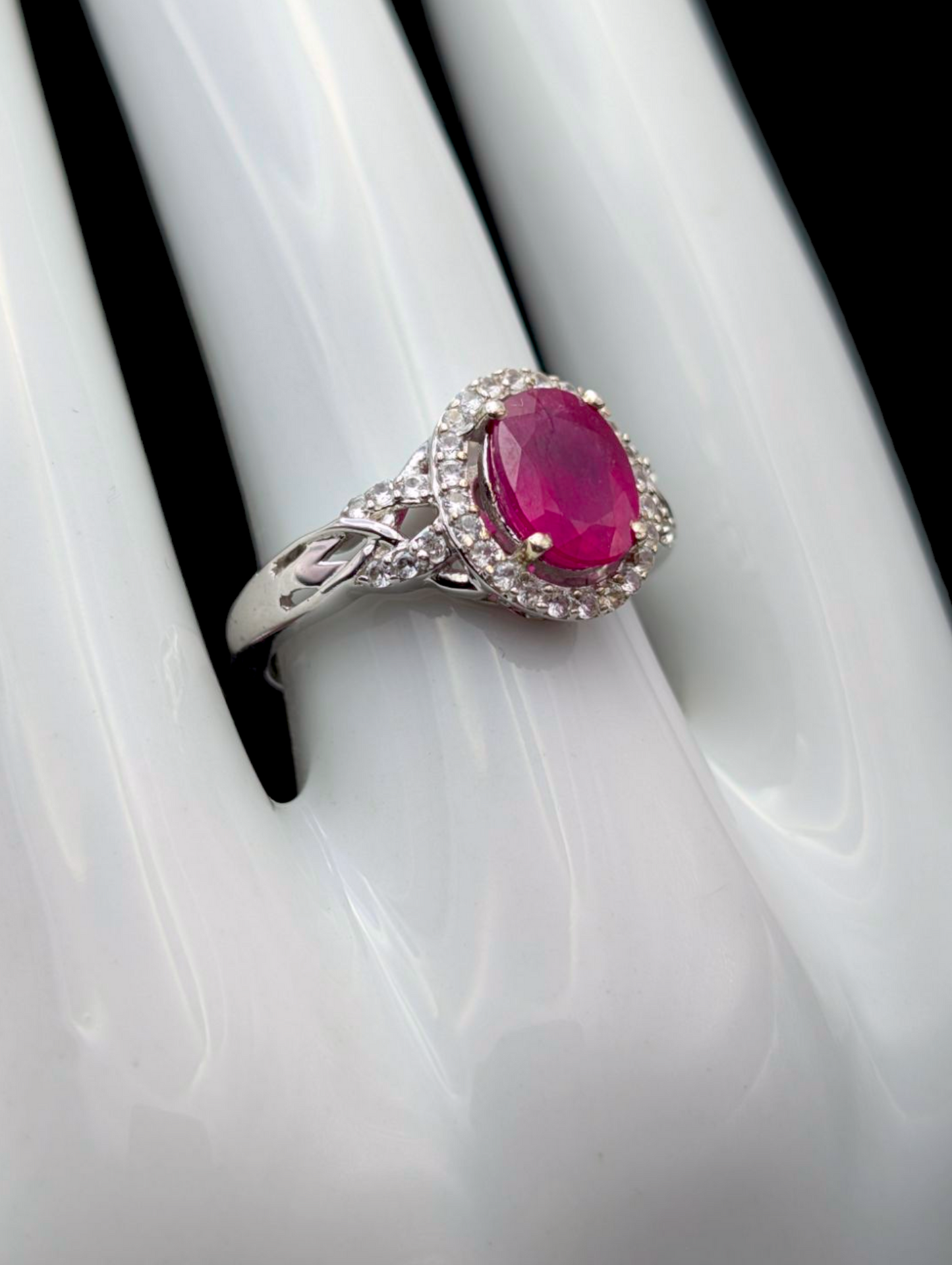 Vintage 5+ Carats Earth Mined Genuine Ruby and Diamond Halo Necklace, Ring and Earrings Sterling Silver 3 Piece Set