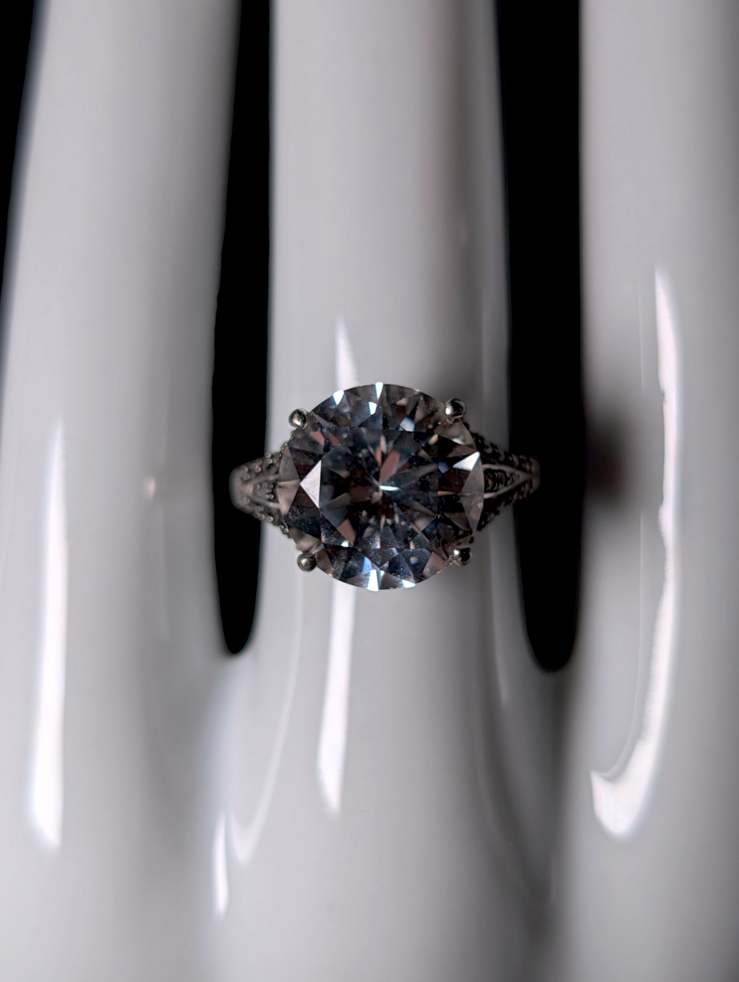 Vintage Large 6+ Carat Brilliant Round Cut Genuine White Sapphire Solitaire and Topaz Accent Sterling Silver Ring