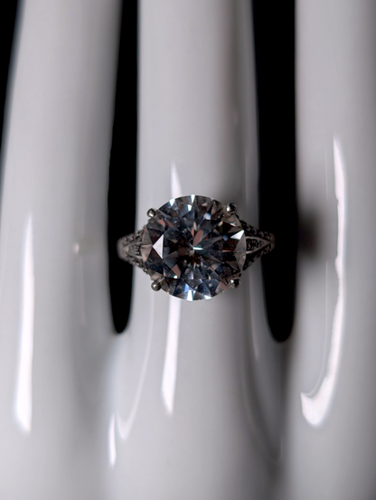 Vintage Large 6+ Carat Brilliant Round Cut Genuine White Sapphire Solitaire and Topaz Accent Sterling Silver Ring