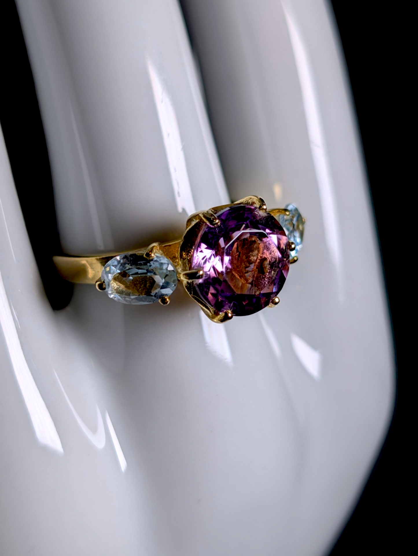 Vintage Large Round Brilliant Cut Genuine Amethyst and Sky Blue Topaz Accompaniments 14k Yellow Gold over Sterling Statement Ring