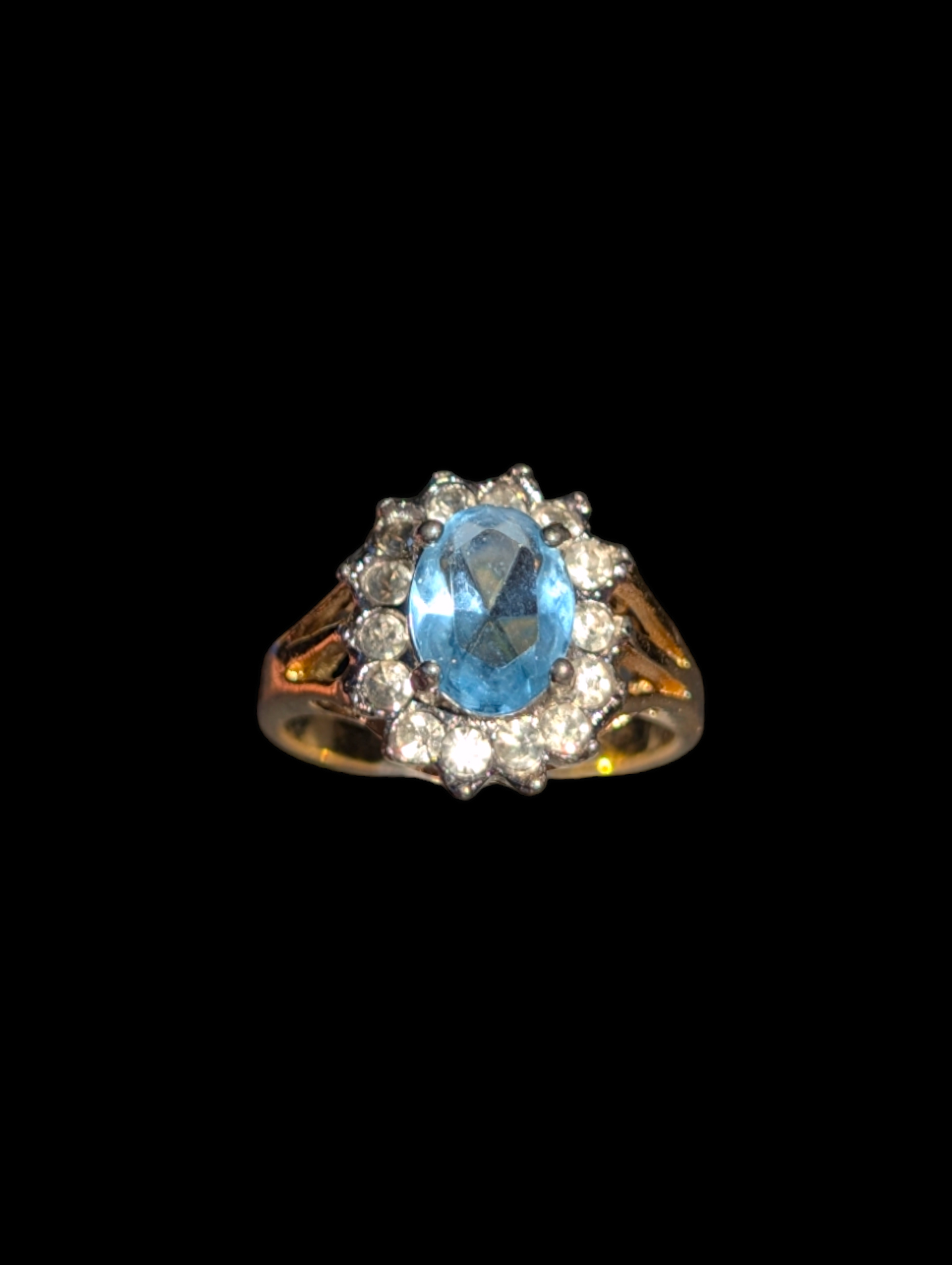 Vintage 18k Yellow Gold Filled Simulated Sky Blue Topaz and Simulated Diamond Halo Costume Statement Ring