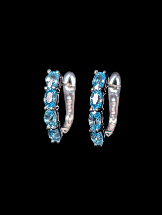 Vintage Genuine Swiss Blue Topaz Sterling Silver Hoop Earrings