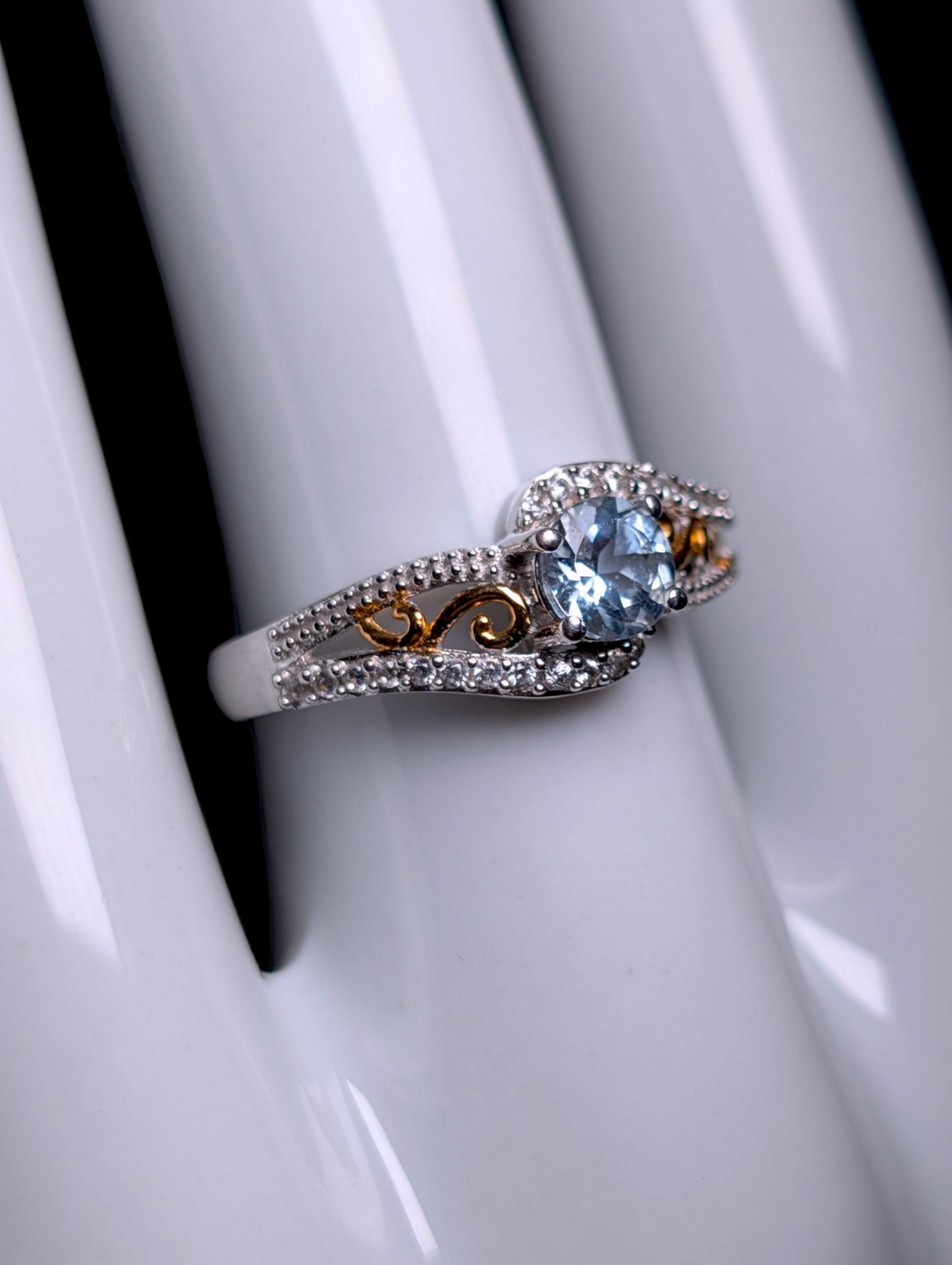 Vintage Inspired Enchanting Genuine Aquamarine Solitaire with White Zircon Accent Stones and 14k Gold Filigree Sterling Silver Ring