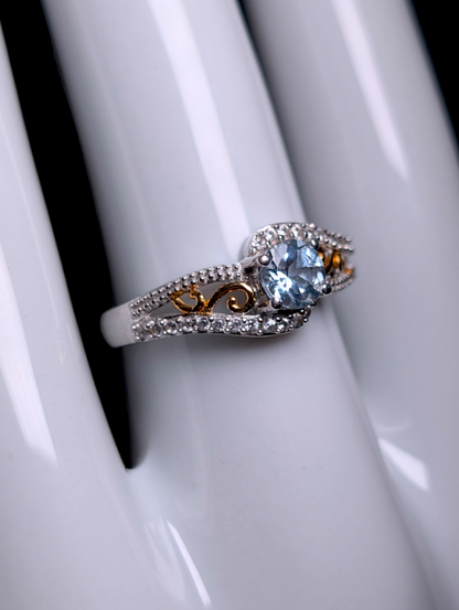Vintage Inspired Enchanting Genuine Aquamarine Solitaire with White Zircon Accent Stones and 14k Gold Filigree Sterling Silver Ring