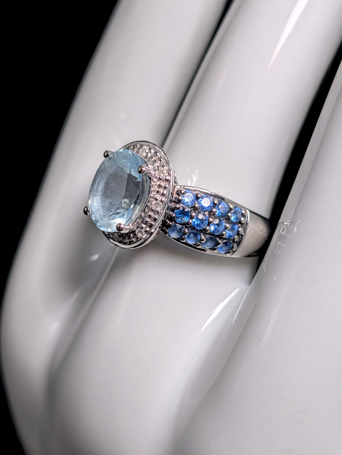 Vintage 10k White Gold Genuine Aquamarine Oval Cut Solitaire with Blue Sapphire Accent Stones and Diamond Accented Halo Ring