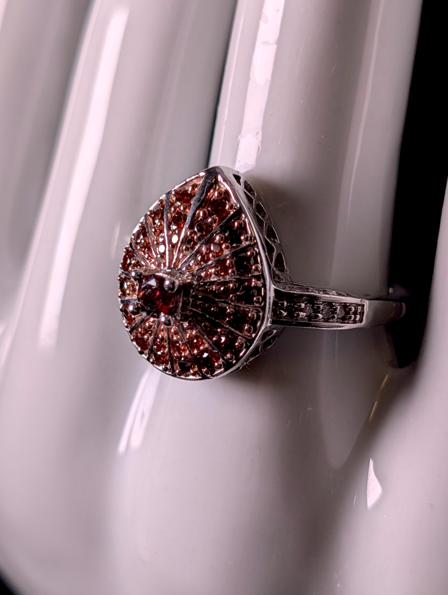 Vintage Art Deco Inspired Genuine Red Diamond Pear Shaped Cluster Sterling Silver Statement Ring