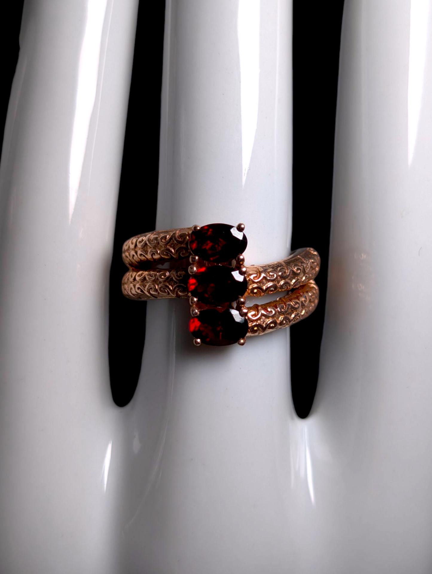 Vintage Three Stone Oval Cut Genuine Garnet Rose Gold Over Sterling Silver Ring