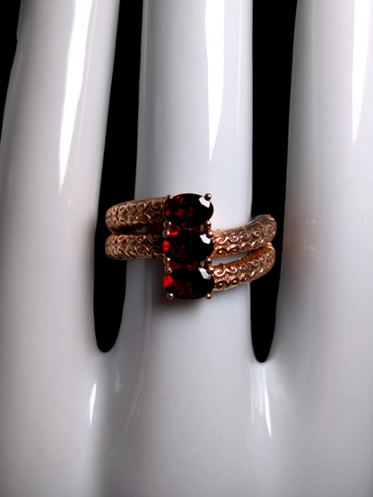 Vintage Three Stone Oval Cut Genuine Garnet Rose Gold Over Sterling Silver Ring