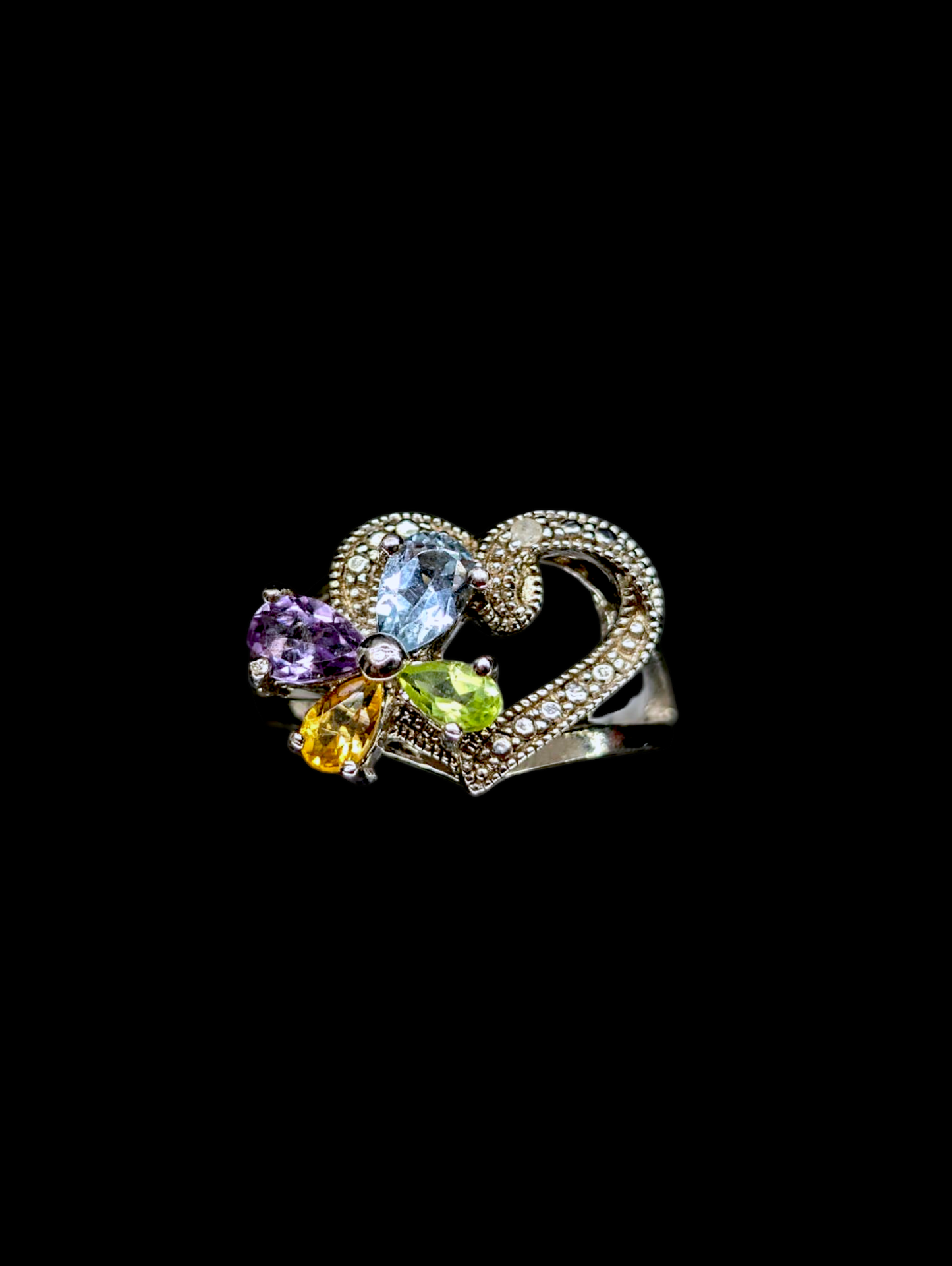 Vintage Heart Filigree Genuine Amethyst, Peridot, Citrine, Diamond and Topaz Flower Sterling Silver Ring