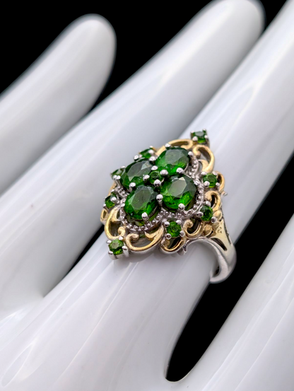 Vintage 14k Yellow Gold Filigree Cluster Earth Mined Genuine Chrome Diopside Sterling Silver Ring