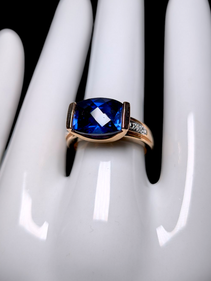Vintage East West Checkerboard Cut Genuine Royal Blue Sapphire and Diamond Accented 18k Yellow Gold Vermeil Ring