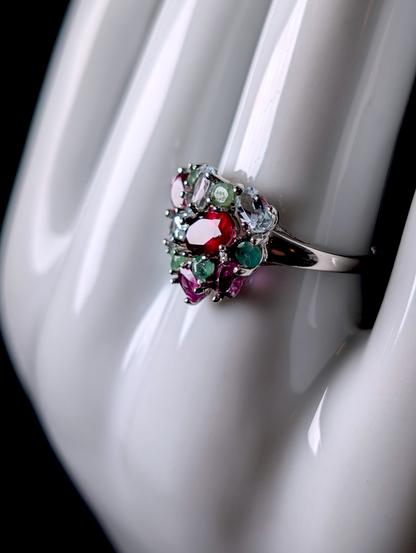 Vintage Heart Multi-Gemstone Genuine Emerald, Garnet, Aquamarine Fruit Cocktail Cluster Sterling Silver Statement Ring