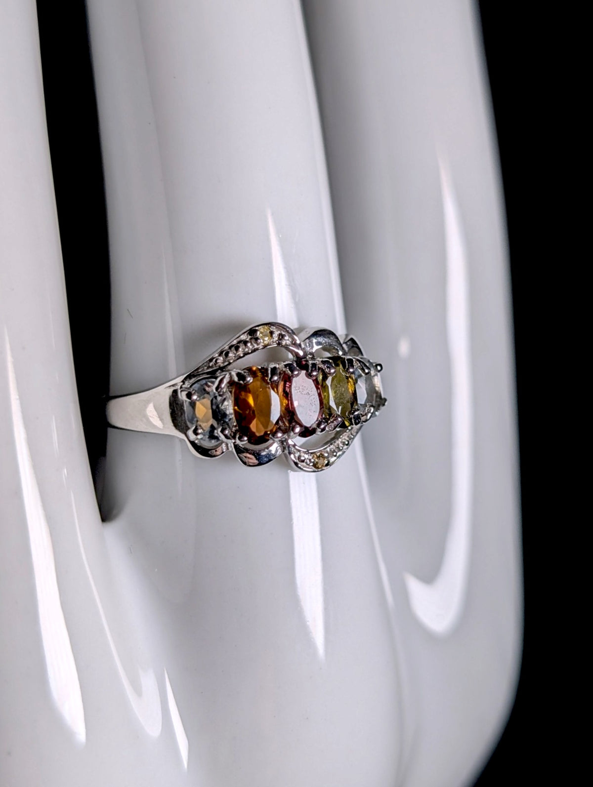 Vintage Genuine Gemstone Fruit Cocktail Sterling Silver Band Ring