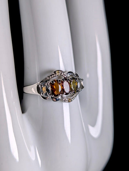 Vintage Genuine Gemstone Fruit Cocktail Sterling Silver Band Ring