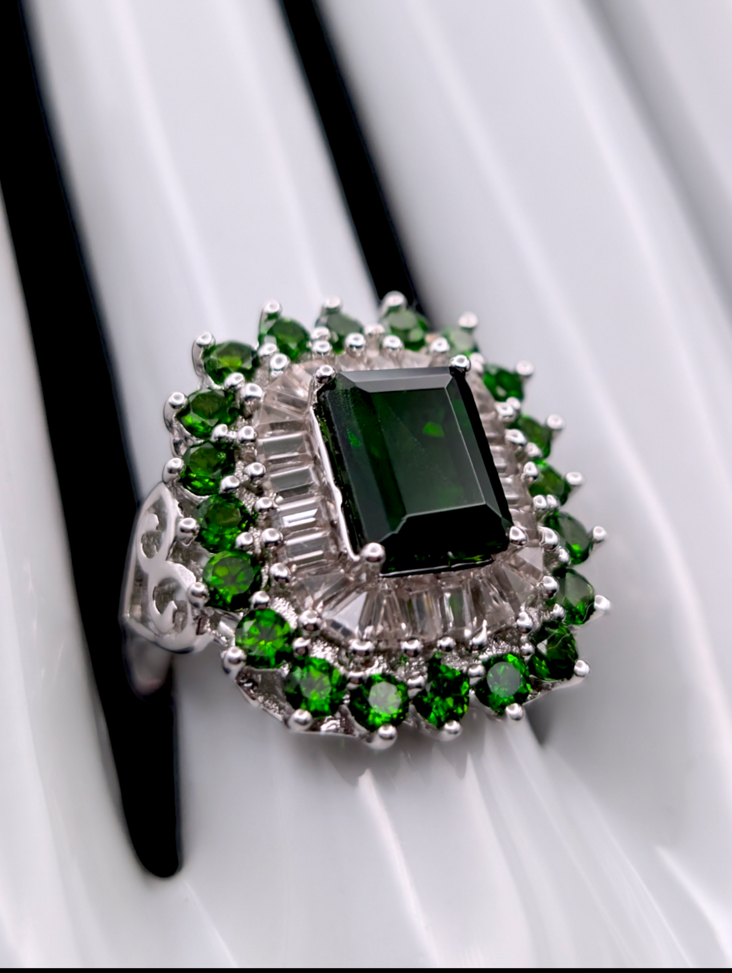 Vintage Art Deco Inspired Emerald Cut Genuine Chrome Diopside, Peridot and White Topaz Baguette Staggered Starburst Halo Sterling Silver Ring