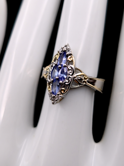 Vintage Inspired Cluster Genuine Tanzanite and White Topaz 14k Gold Vermeil Sterling Silver 925 Ring