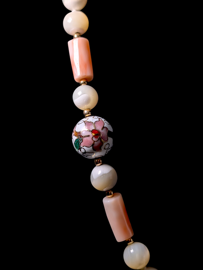 Vintage Genuine Mother of Pearl, Coral and 14k Yellow Gold Beads with Hand Painted Chinese Lotus Cloisonné Hand Knotted Necklace