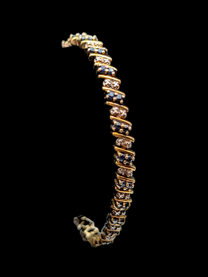 Vintage Genuine Royal Blue Sapphire and Diamond Accent 18k Yellow Gold Vermeil Tennis Bracelet