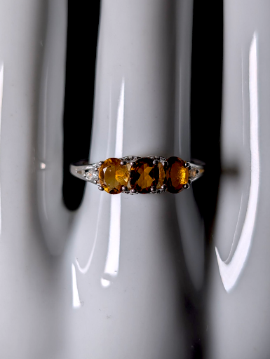 Vintage Oval Cut Three Stone Genuine Golden Citrine with White Topaz Accent Stones Sterling Silver Ring