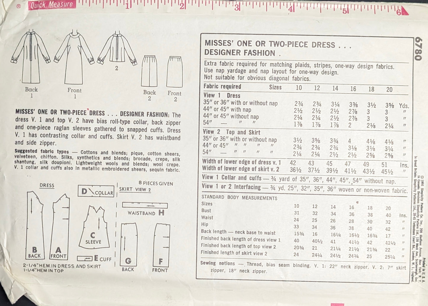 1960s - 1970s Original Vintage Sewing Pattern: Simplicity 6780 Size 12