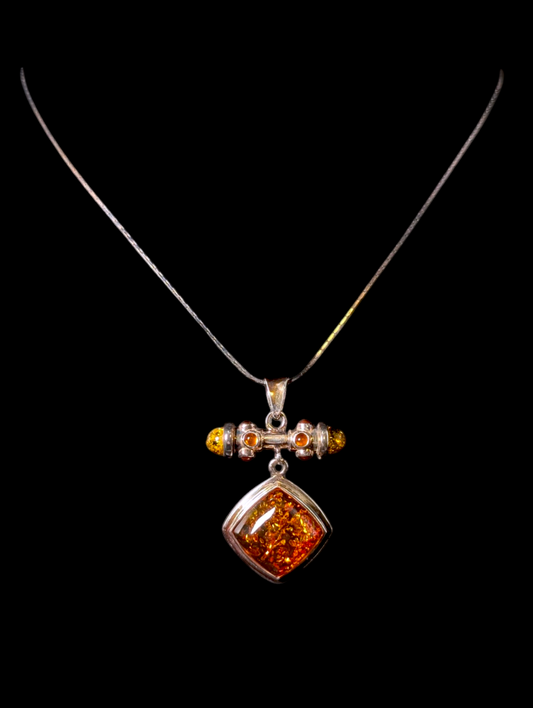 Vintage Artisan Genuine Honey and Baltic Amber Sterling Silver Poland Pendant with Necklace