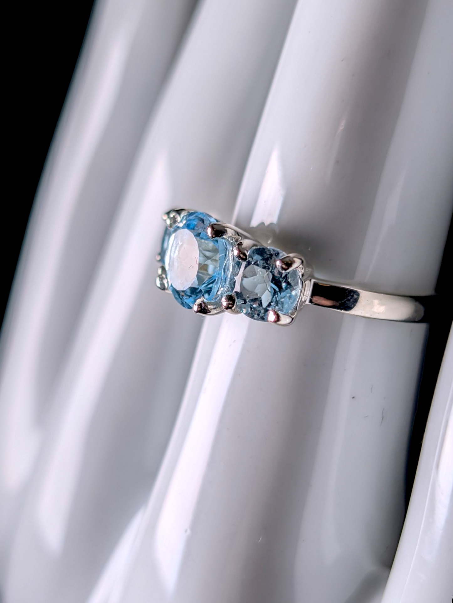 Vintage Round Cut Three Stone Genuine Sky Blue Sterling Silver Ring