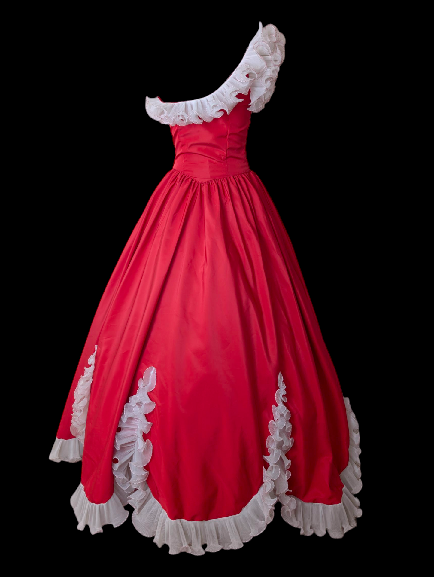 1960s-1970s Vintage Red Dress with White Ruffle Trim Details, One Sleeve, and Full Skirt Holiday Christmas Ball Gown
