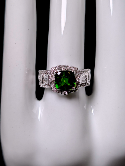 Vintage Cushion Cut Solitaire Emerald Green Genuine Chrome Diopside and White Topaz Halo Sterling Silver Ring