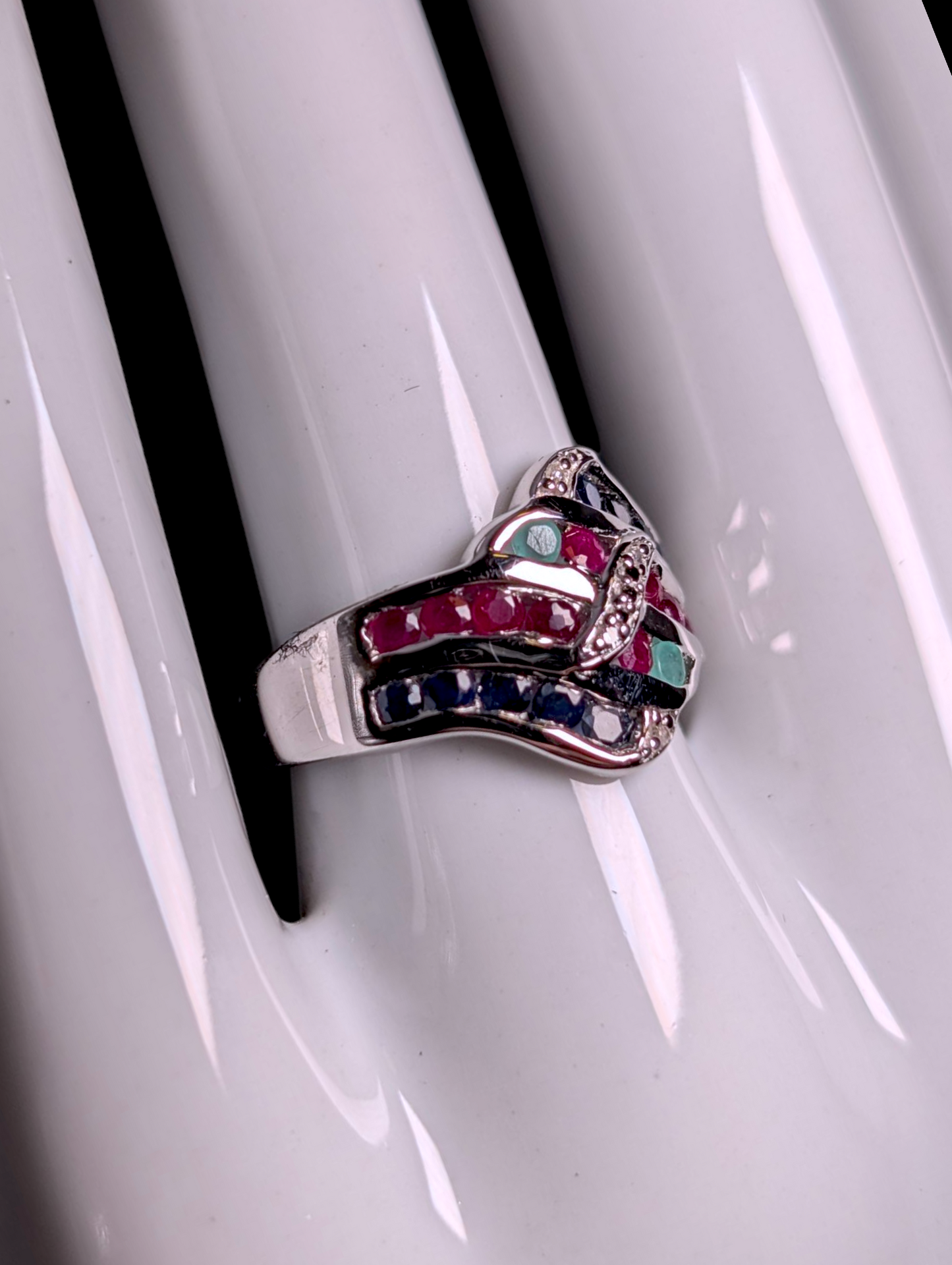 Vintage Earth Mined Genuine Emerald, Ruby and Sapphire with Diamond Accents Sterling Silver Band Ring