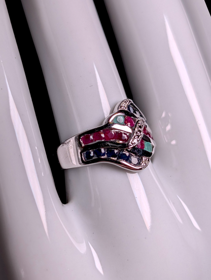 Vintage Earth Mined Genuine Emerald, Ruby and Sapphire with Diamond Accents Sterling Silver Band Ring