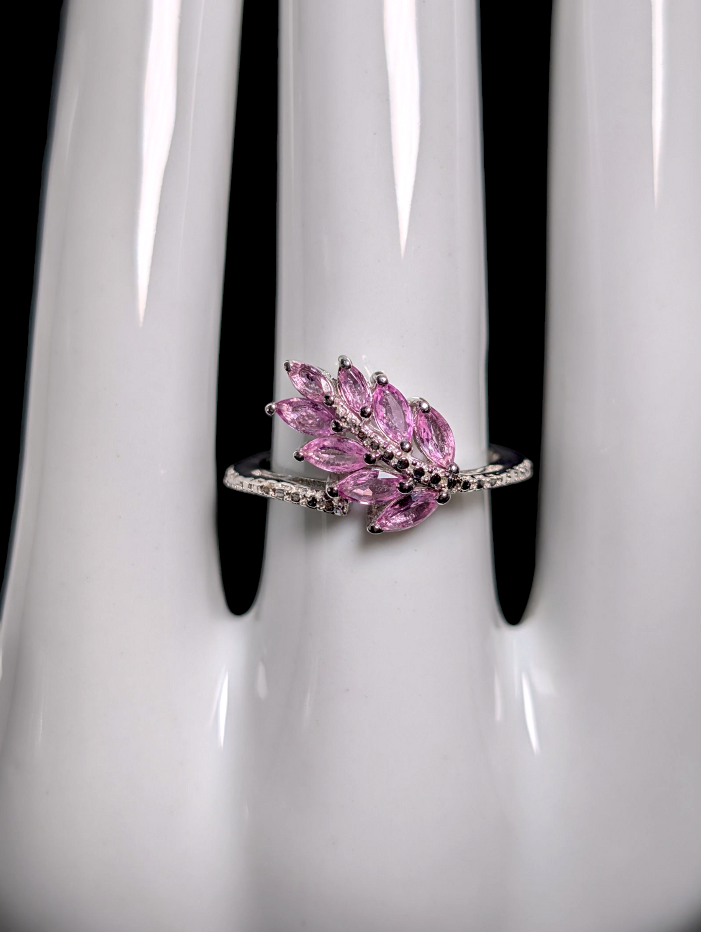 Vintage Fern Leaf Genuine Pink Sapphire Cluster in Sterling Silver Ring